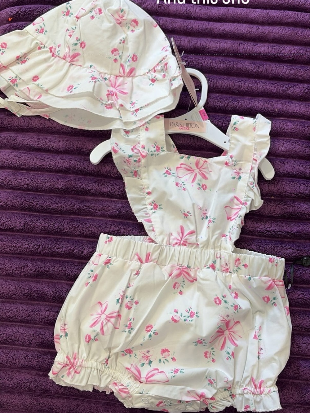 Paris Hilton White and Pink Floral Ruffle Overalls with Sun Hat